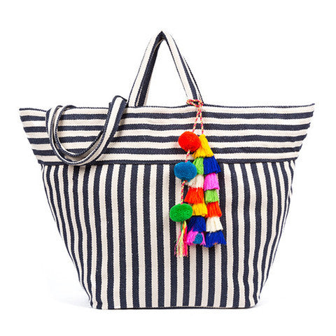 navy and white striped beach bag