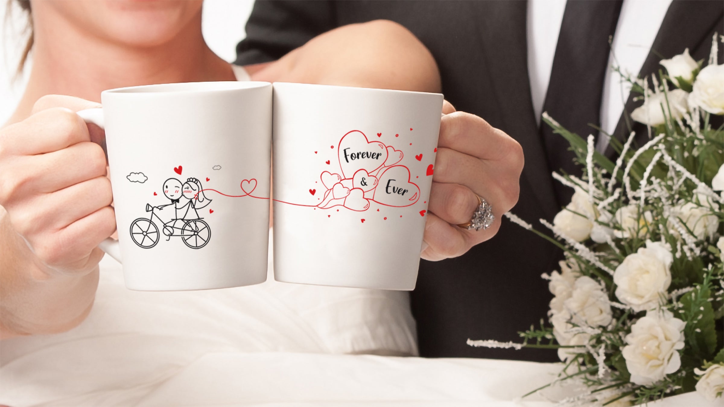 BoldLoft Wedding Gifts for Couples: Cute love-themed stick figures on couple mugs, pillowcases, glasses, and couple shirts