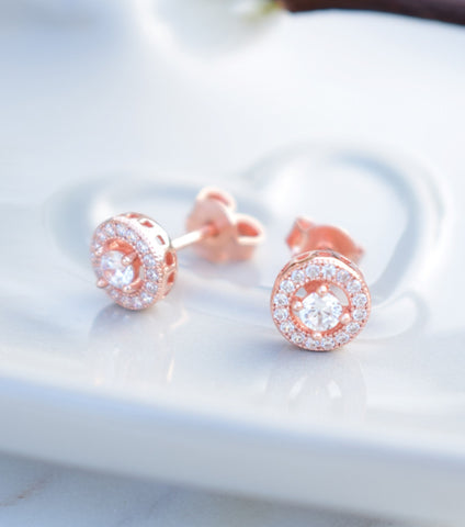 KATHERINE SWAINE, ROSE GOLD CUBIC ZIRCONIA STUD EARRINGS