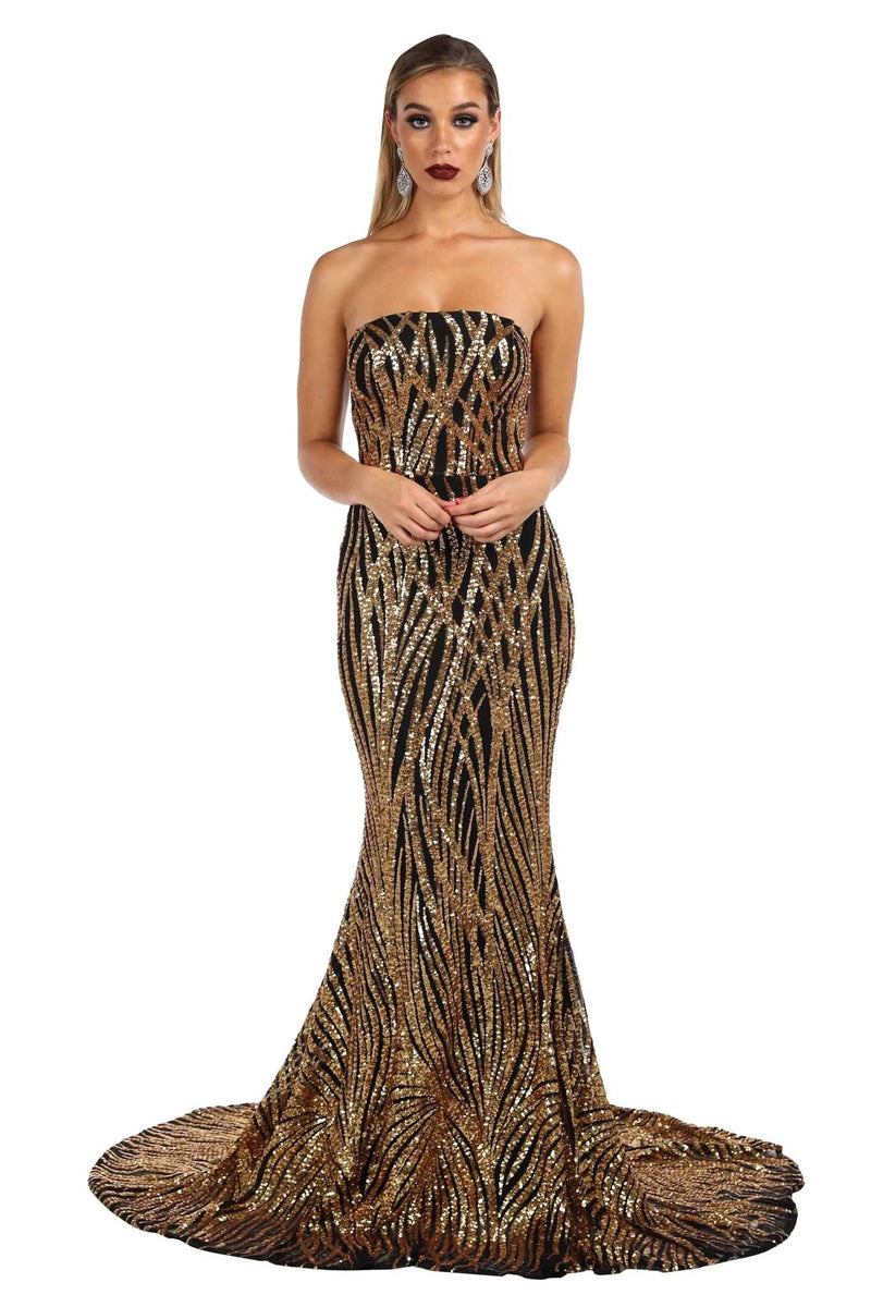 long black strapless sequin dress