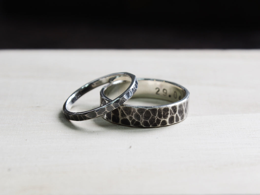 Stale & Co / Stelliyah - Hammered Textured with Oxidized Details Silver Wedding Bands