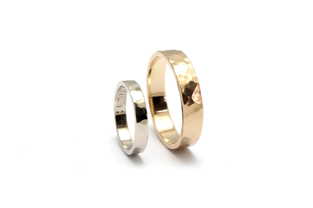 Stale & Co / Stelliyah - Hammered Textured 14K White + Yellow Gold Wedding Bands