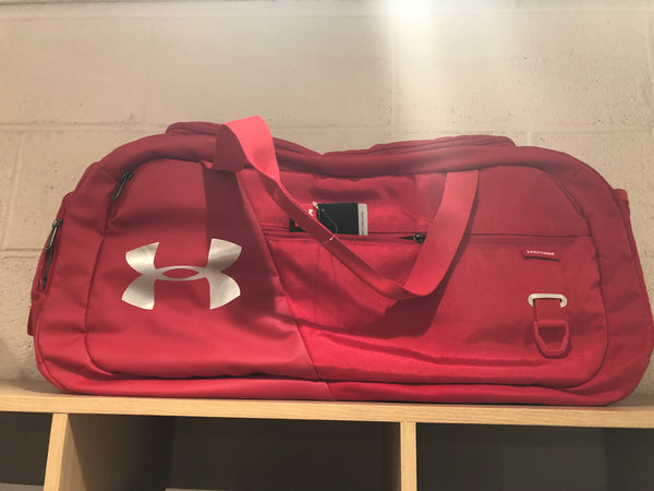 maroon under armour duffle bag