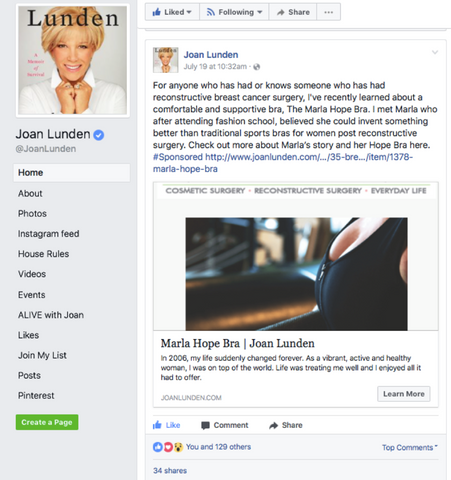 MarlaHopeBra™ blog post on Joan Lunden Facebook page