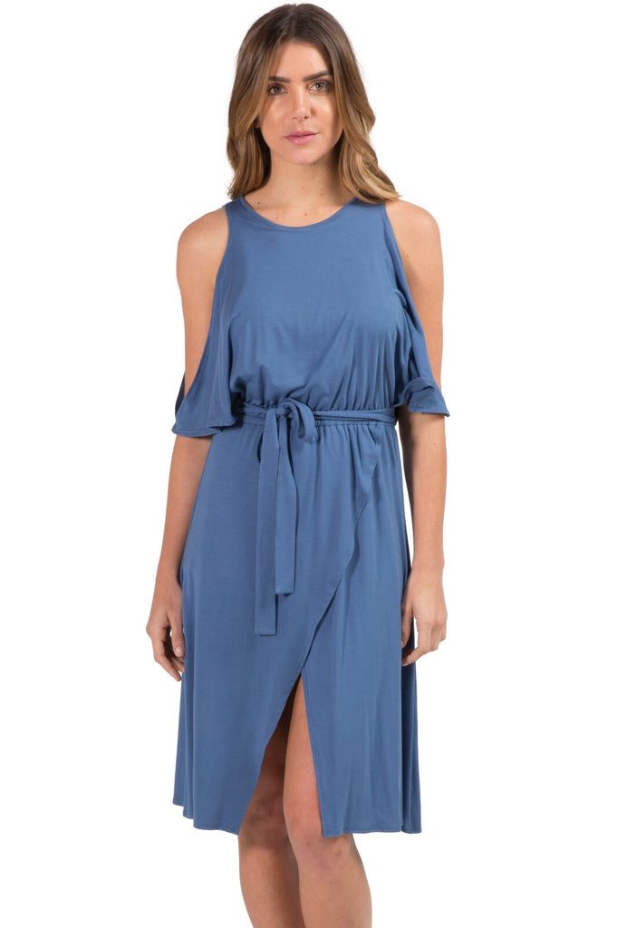 open shoulder wrap dress