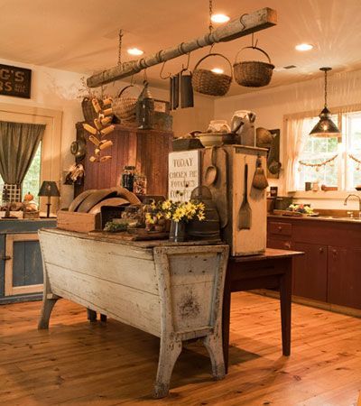 antique dough bench as kitchen island