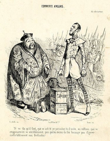 Satire showing an Englishman ordering the emperor of China to buy opium.