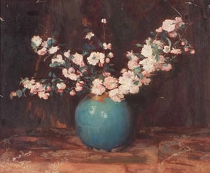 Apple blossoms in a turquoise ginger jar - Oil on canvas painting by Frans David Oerder (South African 1867-1944)