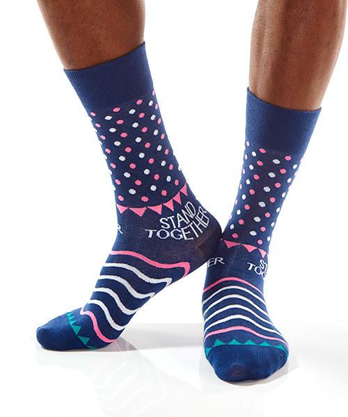 Blue Dots Men's Crew Socks Model Image Side | Stand Together Collection | Yo Sox Canada
