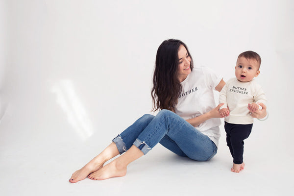 'mother' women's tee, 'mother snuggler' baby sweatshirt