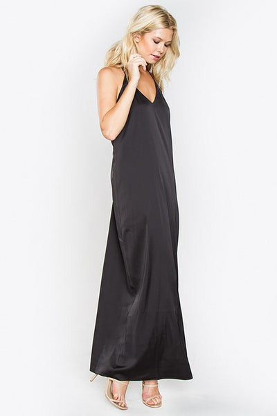 black satin maxi slip dress