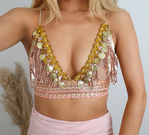 Rose Gold Coin ananacatering handmade triangle lace bralet  - ananacatering - ananacateringLithuania - Handmade luxury dragon satin chinese unique womens clothing lace mesh prom dress festival crop top sequin bodychain dolls kill depop shopify silkfred chelsea pearl li bralet lili pearl