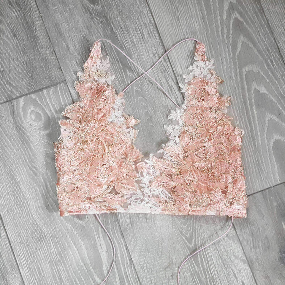 Rose gold Tiffany ananacatering handmade lace bralet  - ananacatering - ananacateringLithuania - Handmade luxury dragon satin chinese unique womens clothing lace mesh prom dress festival crop top sequin bodychain dolls kill depop shopify silkfred chelsea pearl li bralet lili pearl