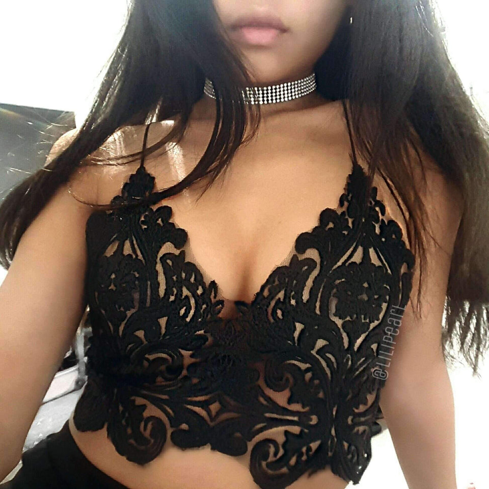 Ivy ananacatering handmade lace triangle bralet  - ananacatering - ananacateringLithuania - Handmade luxury dragon satin chinese unique womens clothing lace mesh prom dress festival crop top sequin bodychain dolls kill depop shopify silkfred chelsea pearl li bralet lili pearl