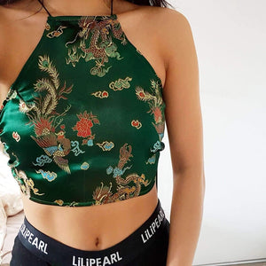 Emerald Green Dragon ananacatering handmade halterneck  - ananacatering - ananacateringLithuania - Handmade luxury dragon satin chinese unique womens clothing lace mesh prom dress festival crop top sequin bodychain dolls kill depop shopify silkfred chelsea pearl li bralet lili pearl