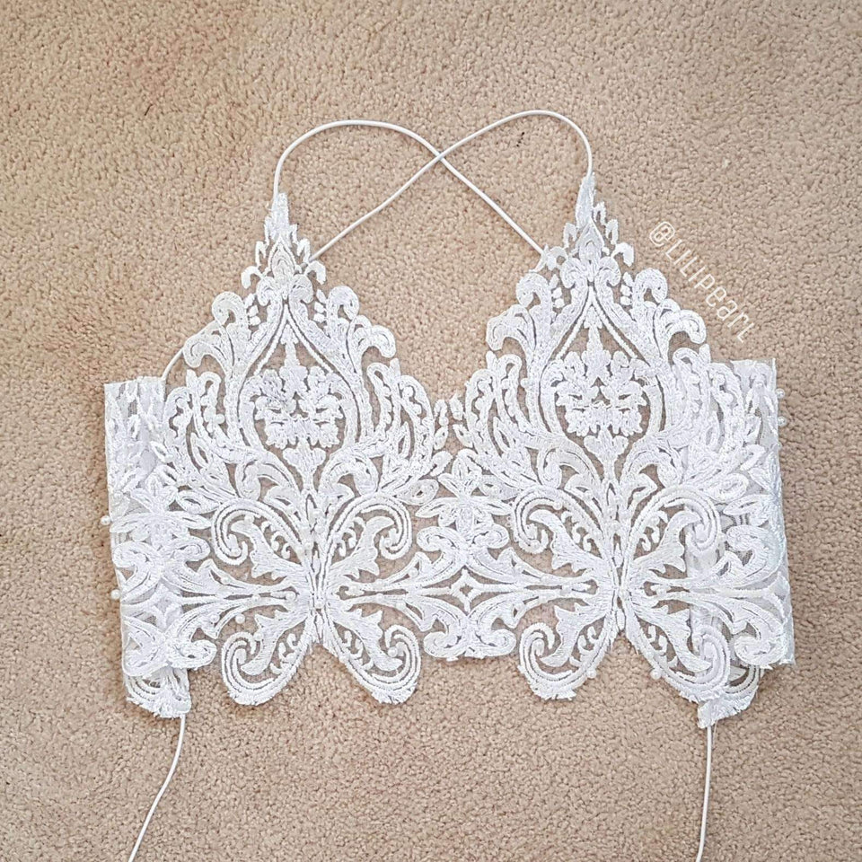 Ice Ice Baby ananacatering handmade lace bralet  - ananacatering - ananacateringLithuania - Handmade luxury dragon satin chinese unique womens clothing lace mesh prom dress festival crop top sequin bodychain dolls kill depop shopify silkfred chelsea pearl li bralet lili pearl