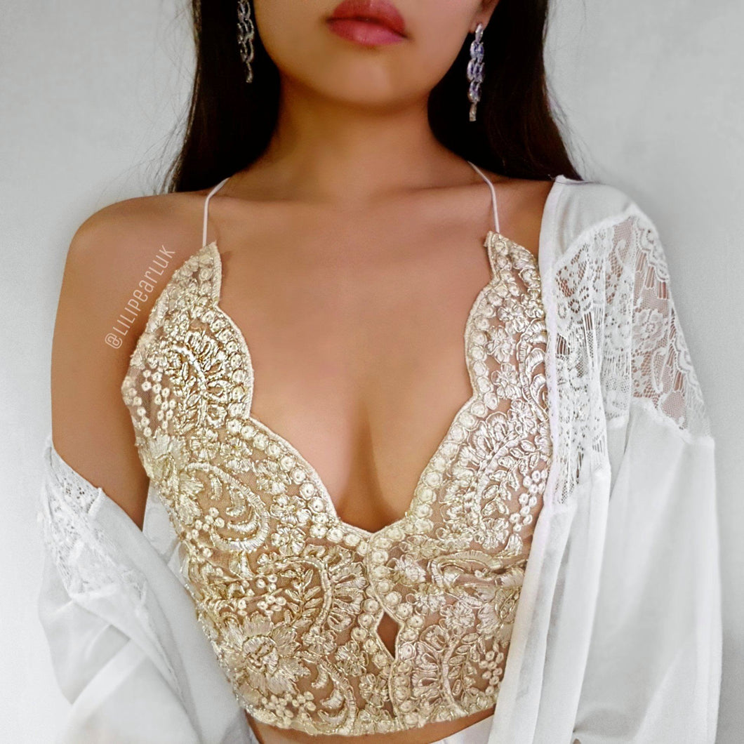 Mina gold ananacatering handmade lace bralet  - ananacatering - ananacateringLithuania - Handmade luxury dragon satin chinese unique womens clothing lace mesh prom dress festival crop top sequin bodychain dolls kill depop shopify silkfred chelsea pearl li bralet lili pearl