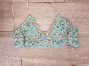 Victoria blue ananacatering handmade triangle lace bralet  - ananacatering - ananacateringLithuania - Handmade luxury dragon satin chinese unique womens clothing lace mesh prom dress festival crop top sequin bodychain dolls kill depop shopify silkfred chelsea pearl li bralet lili pearl