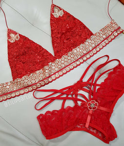 RED - Holly ananacatering lingerie triangle bra &amp; knicker set + choker (3 piece)  - ananacatering - ananacateringLithuania - Handmade luxury dragon satin chinese unique womens clothing lace mesh prom dress festival crop top sequin bodychain dolls kill depop shopify silkfred chelsea pearl li bralet lili pearl
