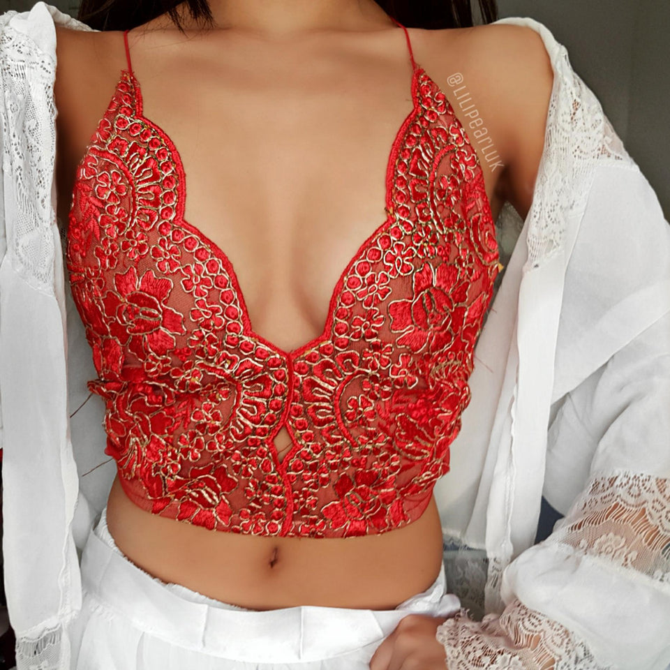 Mina Red ananacatering handmade lace bralet  - ananacatering - ananacateringLithuania - Handmade luxury dragon satin chinese unique womens clothing lace mesh prom dress festival crop top sequin bodychain dolls kill depop shopify silkfred chelsea pearl li bralet lili pearl