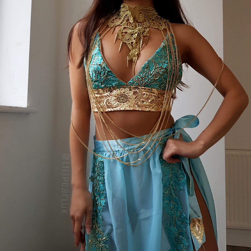 Jasmine ananacatering halloween costume triangle bra 3 piece co ord set  - ananacatering - ananacateringLithuania - Handmade luxury dragon satin chinese unique womens clothing lace mesh prom dress festival crop top sequin bodychain dolls kill depop shopify silkfred chelsea pearl li bralet lili pearl