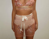 Lux Rose gold ananacatering triangle crop top and skirt co ord 2 piece bundle set  - ananacatering - ananacateringLithuania - Handmade luxury dragon satin chinese unique womens clothing lace mesh prom dress festival crop top sequin bodychain dolls kill depop shopify silkfred chelsea pearl li bralet lili pearl
