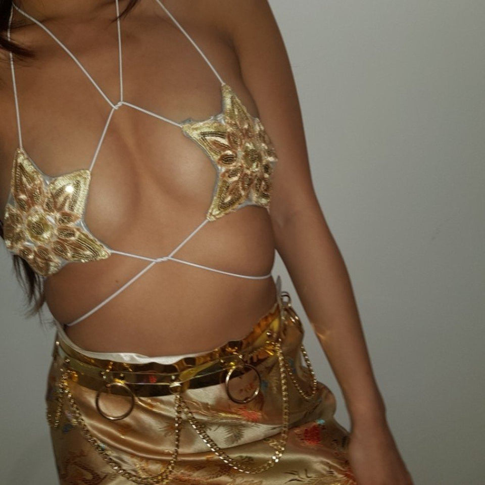 Gold sequin GAGA ananacatering handmade star bra  - ananacatering - ananacateringLithuania - Handmade luxury dragon satin chinese unique womens clothing lace mesh prom dress festival crop top sequin bodychain dolls kill depop shopify silkfred chelsea pearl li bralet lili pearl
