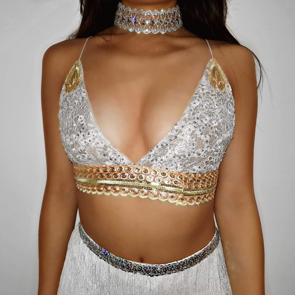Lux white tassel ananacatering triangle crop top and skirt co ord 2 piece bundle set  - ananacatering - ananacateringLithuania - Handmade luxury dragon satin chinese unique womens clothing lace mesh prom dress festival crop top sequin bodychain dolls kill depop shopify silkfred chelsea pearl li bralet lili pearl