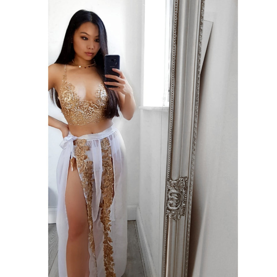 Goddess ananacatering triangle bra 2 piece co ord set  - ananacatering - ananacateringLithuania - Handmade luxury dragon satin chinese unique womens clothing lace mesh prom dress festival crop top sequin bodychain dolls kill depop shopify silkfred chelsea pearl li bralet lili pearl