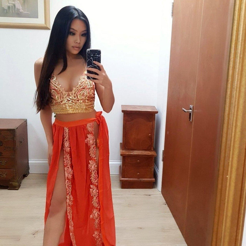 Jasmine Orange Double Leg split ananacatering chiffon wrap maxi skirt  - ananacatering - ananacateringLithuania - Handmade luxury dragon satin chinese unique womens clothing lace mesh prom dress festival crop top sequin bodychain dolls kill depop shopify silkfred chelsea pearl li bralet lili pearl