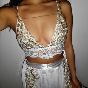 Angel ananacatering triangle bra 2 piece co ord set  - ananacatering - ananacateringLithuania - Handmade luxury dragon satin chinese unique womens clothing lace mesh prom dress festival crop top sequin bodychain dolls kill depop shopify silkfred chelsea pearl li bralet lili pearl