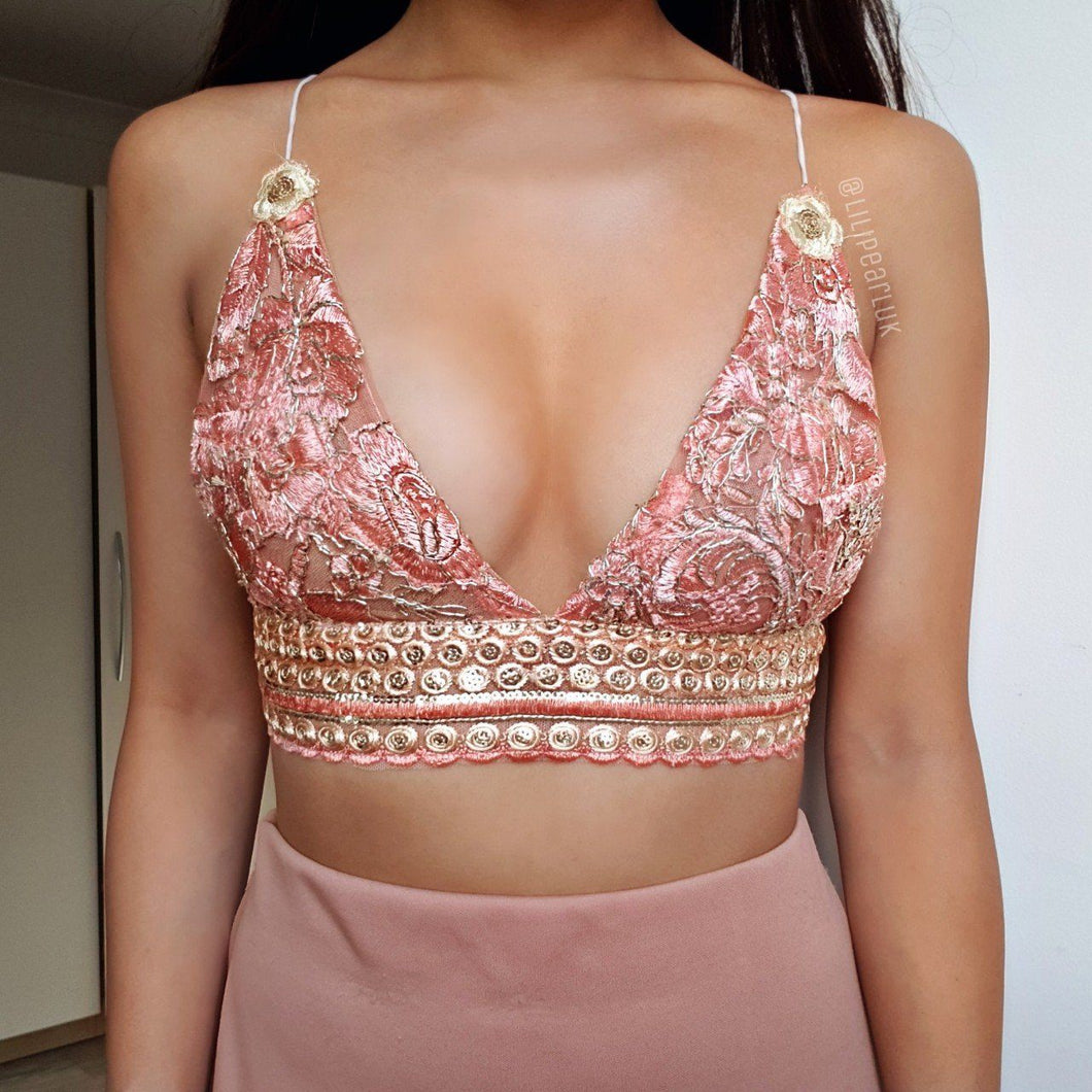 Holly Pink ananacatering handmade triangle lace bralet  - ananacatering - ananacateringLithuania - Handmade luxury dragon satin chinese unique womens clothing lace mesh prom dress festival crop top sequin bodychain dolls kill depop shopify silkfred chelsea pearl li bralet lili pearl