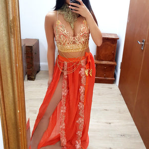 Jasmine orange ananacatering halloween costume triangle bra 3 piece co ord set  - ananacatering - ananacateringLithuania - Handmade luxury dragon satin chinese unique womens clothing lace mesh prom dress festival crop top sequin bodychain dolls kill depop shopify silkfred chelsea pearl li bralet lili pearl