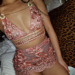 Hollie Pink ananacatering Bra &amp; Skirt co ord 2 piece set  - ananacatering - ananacateringLithuania - Handmade luxury dragon satin chinese unique womens clothing lace mesh prom dress festival crop top sequin bodychain dolls kill depop shopify silkfred chelsea pearl li bralet lili pearl