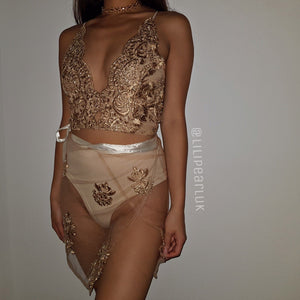 Lux bronze ananacatering triangle crop top and skirt co ord 2 piece bundle set  - ananacatering - ananacateringLithuania - Handmade luxury dragon satin chinese unique womens clothing lace mesh prom dress festival crop top sequin bodychain dolls kill depop shopify silkfred chelsea pearl li bralet lili pearl