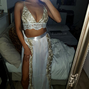 Angel ananacatering triangle bra 2 piece co ord set  - ananacatering - ananacateringLithuania - Handmade luxury dragon satin chinese unique womens clothing lace mesh prom dress festival crop top sequin bodychain dolls kill depop shopify silkfred chelsea pearl li bralet lili pearl