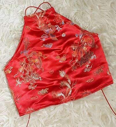 Red Dragon ananacatering handmade halterneck  - ananacatering - ananacateringLithuania - Handmade luxury dragon satin chinese unique womens clothing lace mesh prom dress festival crop top sequin bodychain dolls kill depop shopify silkfred chelsea pearl li bralet lili pearl