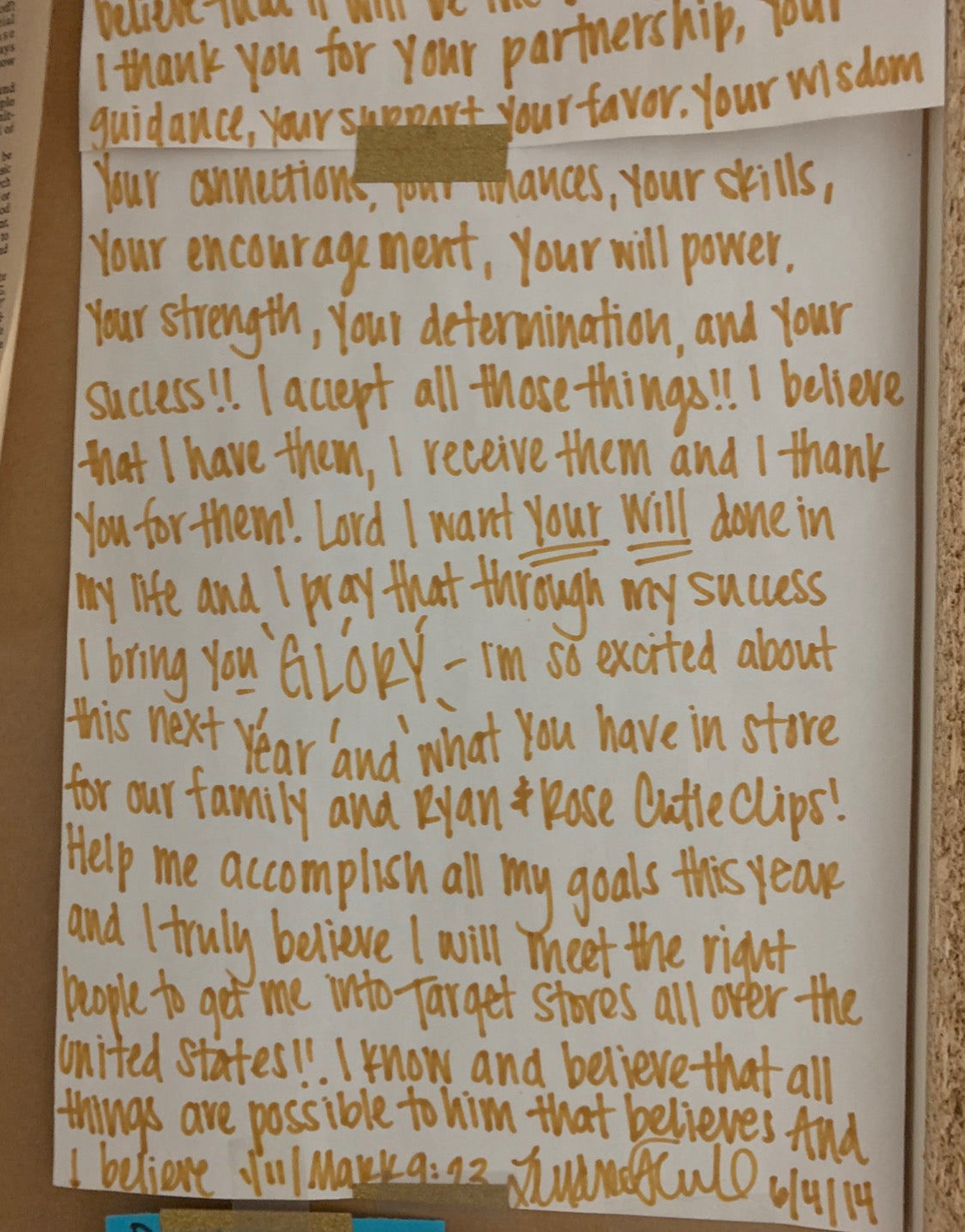Lindsey's prayer written down