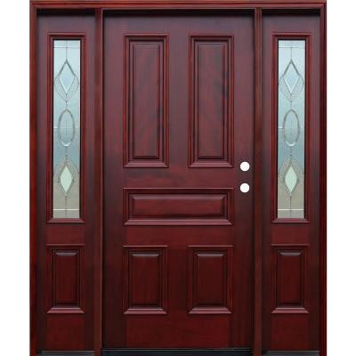 70in.x80in. Strathmore Traditional 5-Panel Stained Mahogany Wood Prehung Front Door w/6in Wall Series & 14in Sidelites