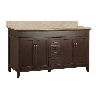 Ashburn 61 in. W x 22 in. D Vanity in Mahogany with Granite Vanity Top in Beige with White Basins
