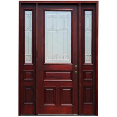 70 in. x 96 in. 3/4 Lite Stained Mahogany Wood Prehung Front Door w/ 6 in Wall Series, 14 in Sidelites, 8 ft H Series