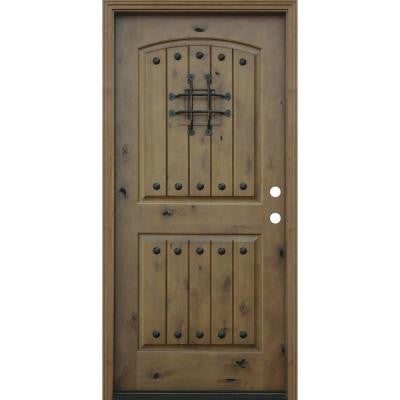 36 in. x 80 in. Rustic Arched 2-Panel V-Groove Stained Knotty Alder Wood Prehung Front Door