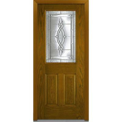 36 in. x 80 in. Brentwood Decorative Glass 1/2 Lite 2-Panel Finished Oak Fiberglass Prehung Front Door