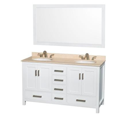 Sheffield 60 in. Double Vanity in White with Marble Vanity Top in Ivory and 58 in. Mirror
