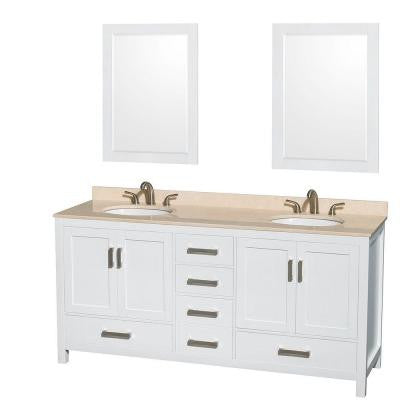 Sheffield 72 in. Double Vanity in White with Marble Vanity Top in Ivory and 24 in. Mirrors