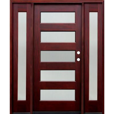 70 in. x 80 in. Contemporary 5 Lite Reed Stained Mahogany Wood Prehung Front Door w/6 in. Wall Series & 12 in. Sidelites