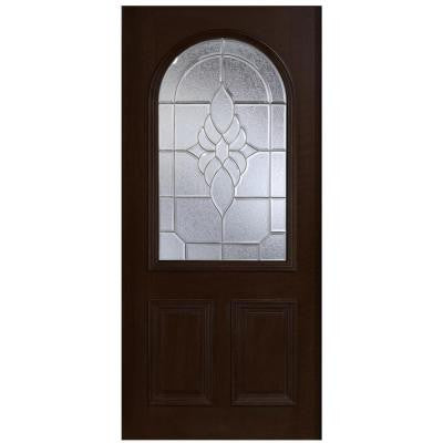 36 in. x 80 in. Mahogany Type Round Top Glass Prefinished Espresso Beveled Zinc Solid Wood Front Door Slab