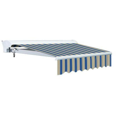 10 ft. Luxury L Series Semi-Cassette Manual Retractable Patio Awning (98 in. Projection) in Ocean Blue/Beige Stripes