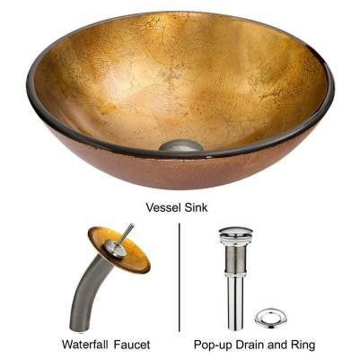 Glass Vessel Sink in Liquid Gold with Waterfall Faucet Set in Brushed Nickel