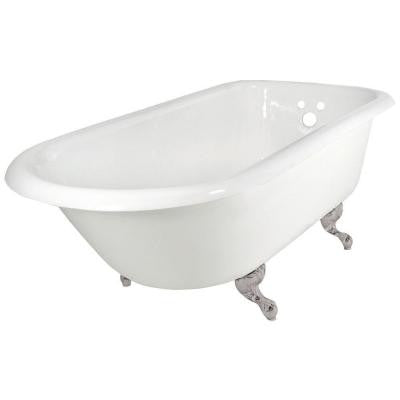 67 in. Roll Top Cast Iron Tub Wall Faucet Holes in White with Ball and Claw Feet in White